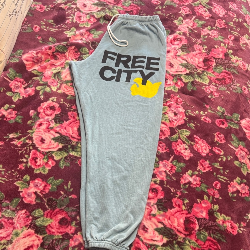 Free City blueSweatpants with Yellow Graphic